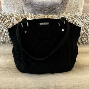 VERA BRADLEY Black Microfiber Glenna Satchel Bag Zipper 2 Handles Yellow Inside